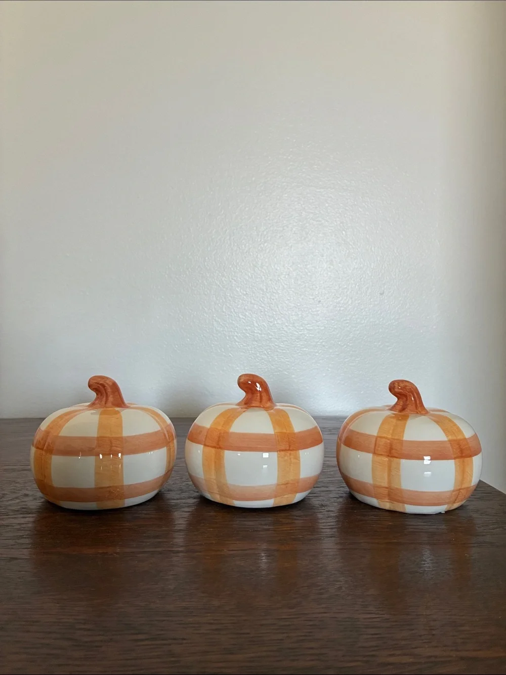 NWT- Decorative Ceramic Pumpkin Trio - White and Orange Plaid Stripe